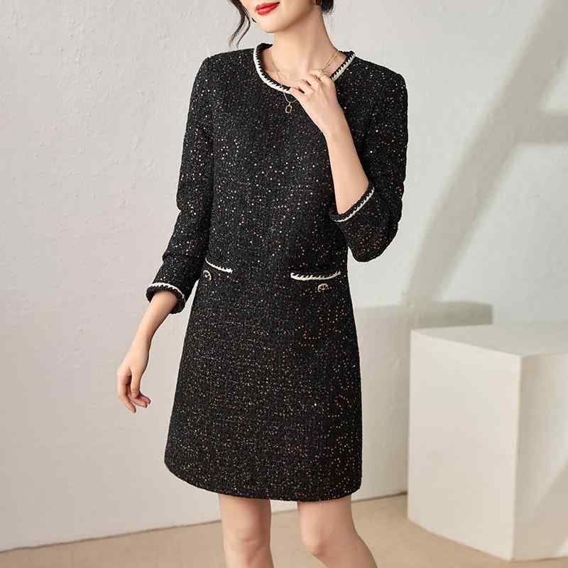 ワンピース レディース 秋冬 Aライン 膝丈 長袖 丸首 粗花呢 ツイード スパンコール エレガント 上品 ..