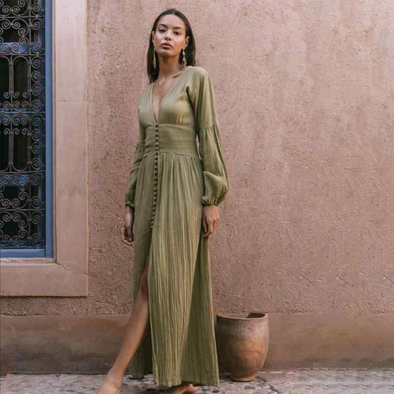 ワンピース レディース 春夏 Vネック 長袖 ロングワンピース ゆったり ギャザー 切り替え スリット エ..