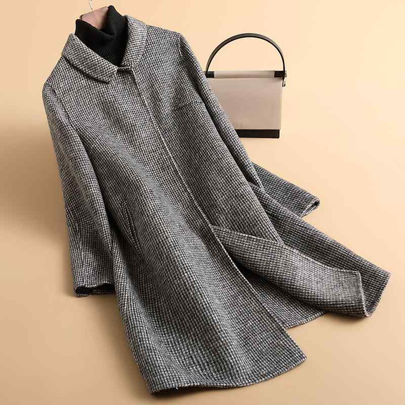 コート レディース ママ アウター 大きいサイズ ウール 秋冬 黒 白 モノクロ チェック柄 ダブルフェイス 暖かい あったか 通勤 きれいめ エレガント