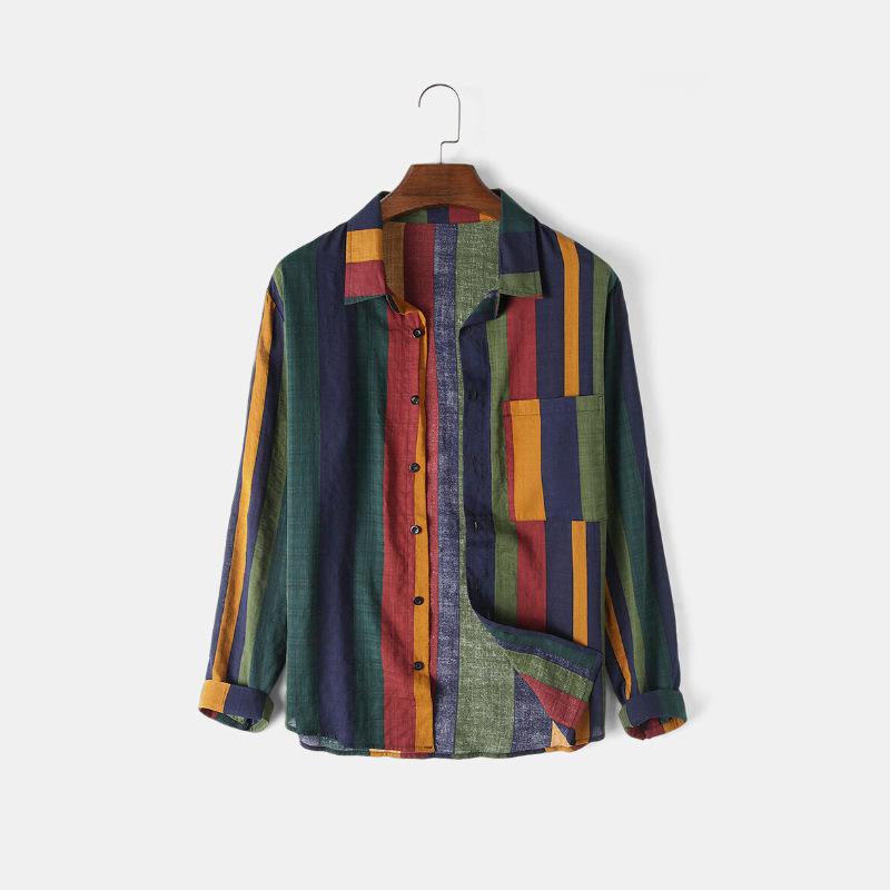 シャツ メンズ 男性用 長袖 カジュアル トップス コットン 拼色 ストライプ柄 宽松 春秋 薄手 通気性 ..