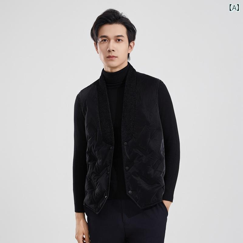 ダウンベスト 男性用 90% 白ダックダウン 秋冬 短め 軽量 暖か ベスト 黒 ポリエステル(4)