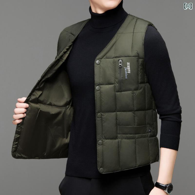 ダウンベスト 男性用 秋冬 Vネック 紳士 ビジネス 軽量 暖かい 防寒 インナーベスト チョッキ 部屋着 ..