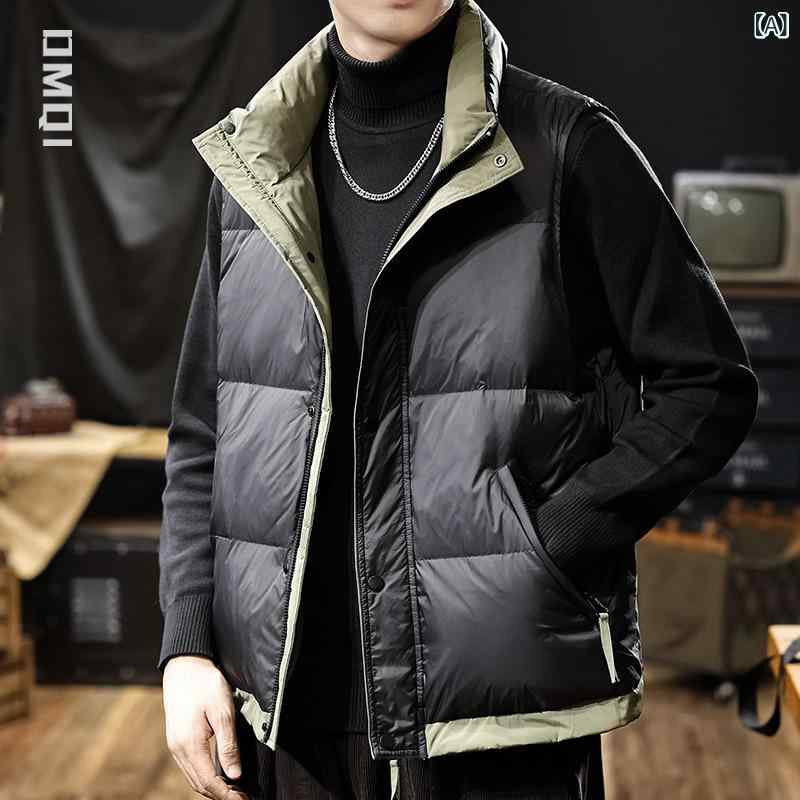 ダウンベスト メンズ 男性用 冬 立襟 防寒 暖かい 羽毛 90% 軽量 詰め物 100g 厚手 アウター ノースリーブ トップス 部屋着 普段使い アウトドア ブラック