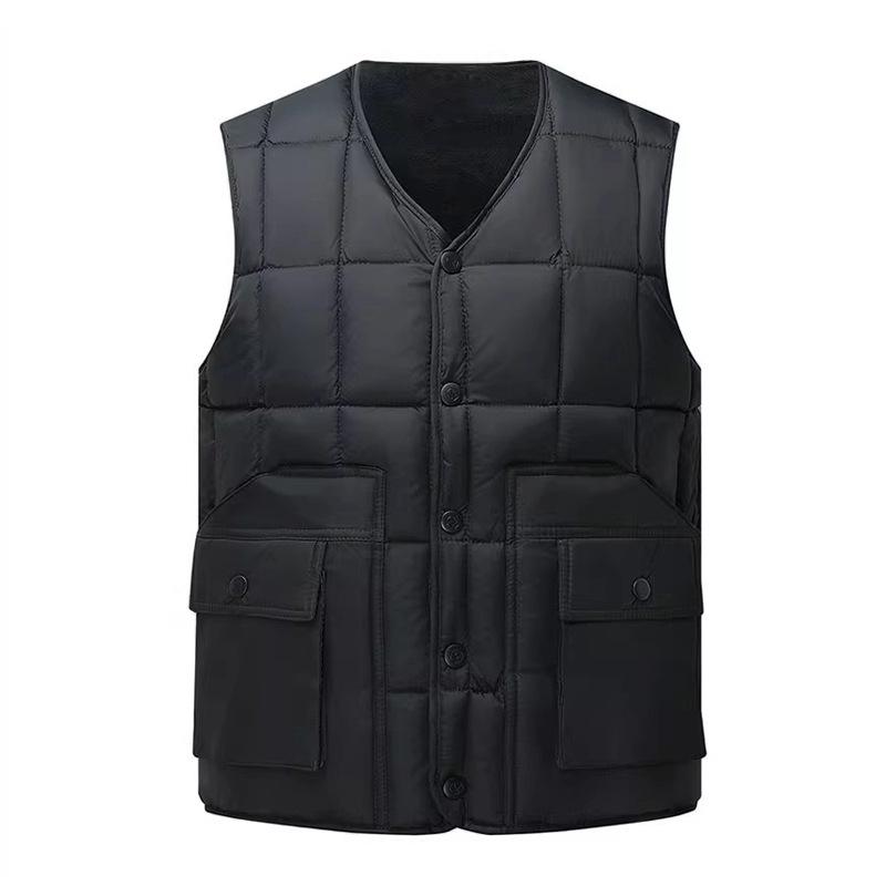ダウンベスト 男性用 中綿入り 防寒 あったか Vネック シニア 向け 敬老の日 プレゼント multiple ポケット 付き 紺色 カーキ