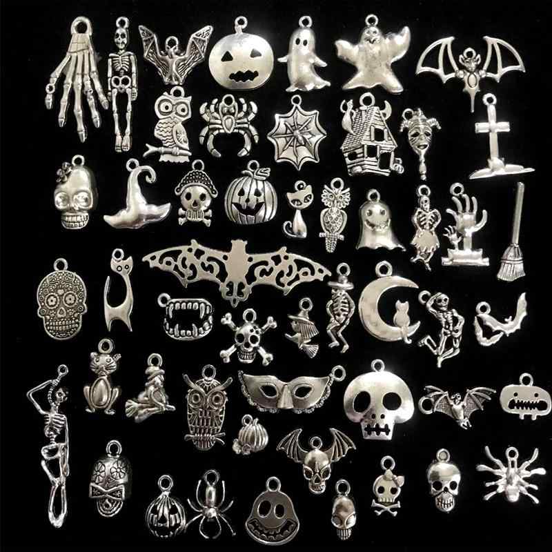 ハロウィン デコレーションパーツ DIY ブレスレット ペンダント スカル ゴースト マスク エルフ バット 合金 チャーム 古銀 南瓜 骸骨 レトロ お祭り パーツ