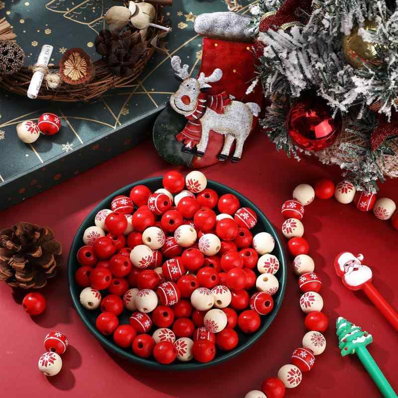 DIY用ビーズ クリスマス 雪の結晶柄ウッドビーズ 赤 白 手芸用ビーズ アソート セット パーツ デコレーション アクセサリーパーツ