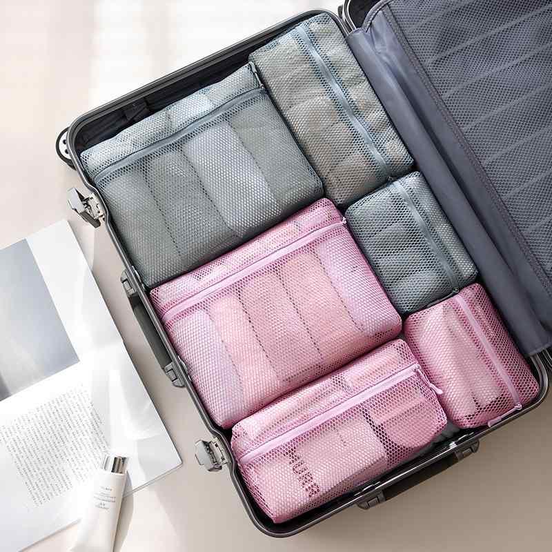 旅行用収納ポーチ 衣類収納ケース トラベルポーチ 整理用インナーバッグ 下着 靴 アメニティ 整理整頓 多用途 ポリエステル 無地 ピンク系 グレー系