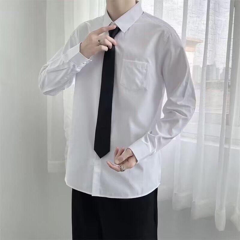 シャツ 男性用 長袖 トップス 学生 スクール風 カレッジスタイル ホワイト ポリエステル ゆったり ポケ..