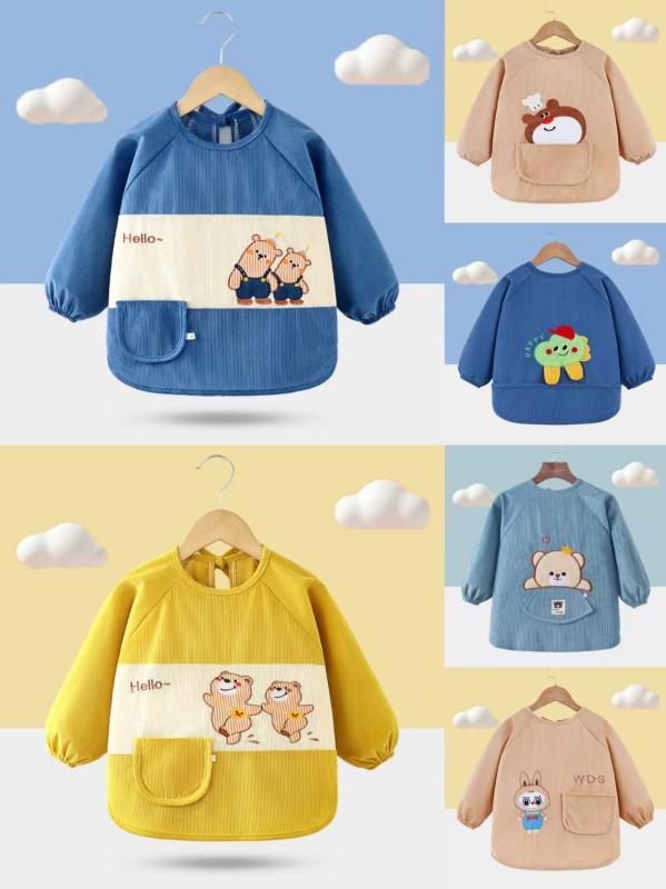 ベビー 幼児 子供用エプロン 食事用エプロン 防水 撥水 防汚 長袖 スタイ よだれかけ かわいい クマ ハ..