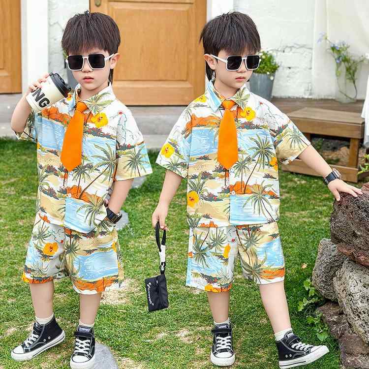 キッズ 男の子 フォーマル 半袖シャツ ショートパンツ 2点セット 夏物 普段使い 部屋着 オレンジ 伸縮..