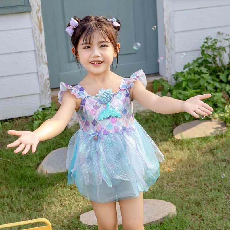 水着 女の子 子供 ワンピース 水着 プリンセス 人魚 接触冷感 吸湿速乾 伸縮性 スイムウェア ビーチ 海水浴 練習用 90 100 110 120 130 140 ブルー パープル