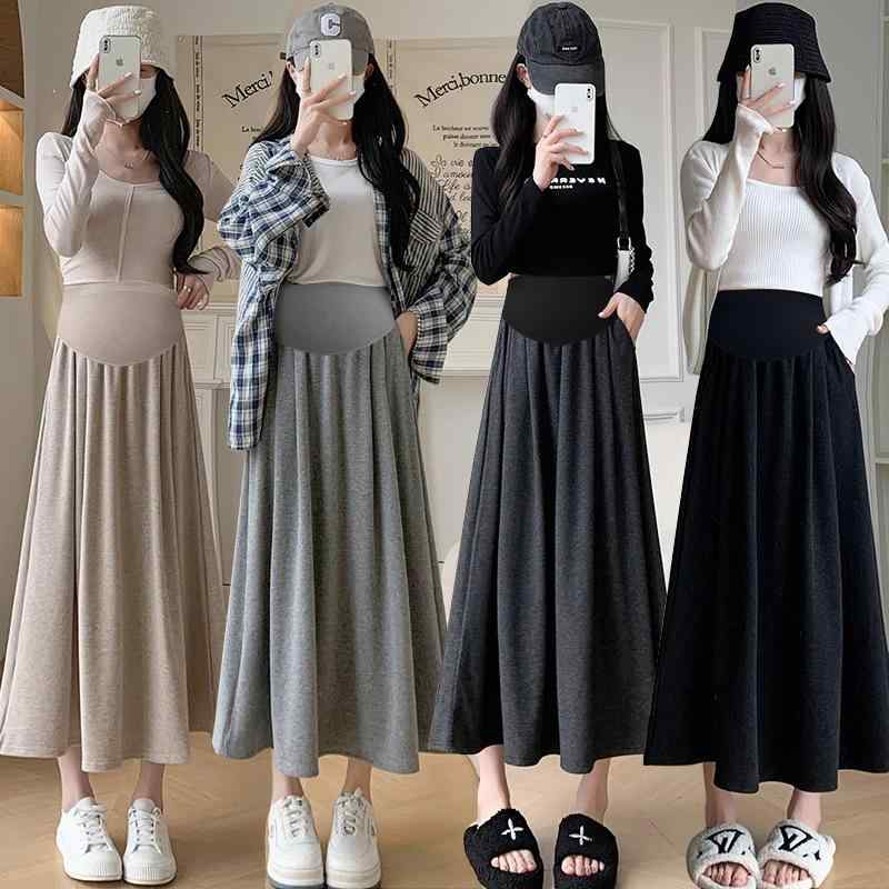 マタニティ スカート 春 Aライン 妊婦服 ミモレ丈 フレアスカート ゆったり 文芸風 無地 薄灰色 濃灰色..