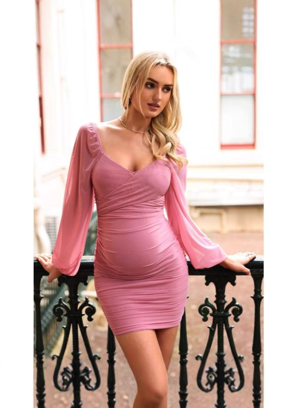 マタニティワンピース 春秋 半袖 膝丈 ポリエステル Vネック チュール 切り替え フレア ピンク系 長袖 ..