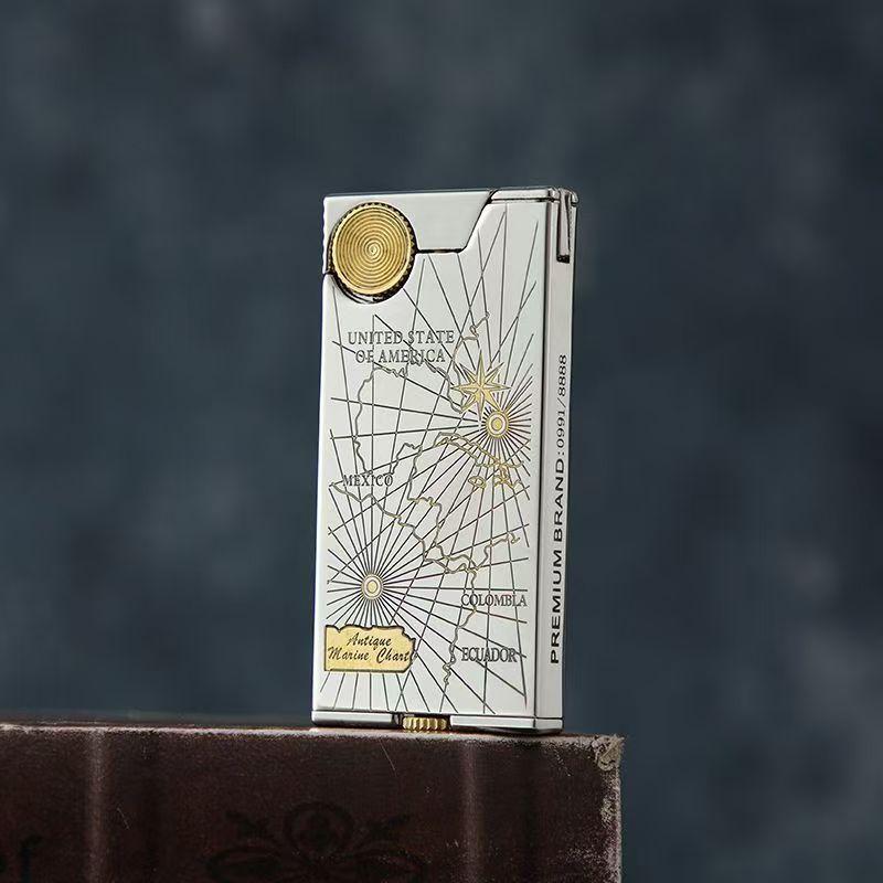 ライター 男性用 メンズ 超薄型 オイルライター 羅針盤 コンパス メタル 高級感 装飾 コレクション ギ..