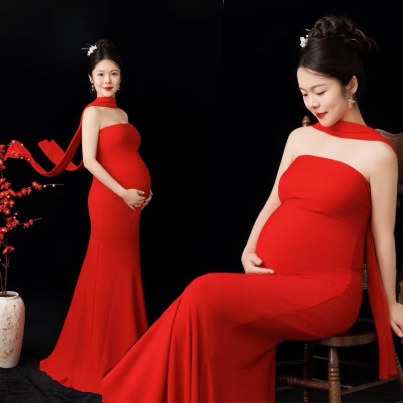 マタニティドレス レディース チャイナレッド ビスチェ ロング丈 ワンピース ショール付き ポリエステル レトロ 撮影衣装 記念写真