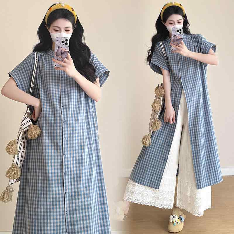 マタニティウェア 春夏 格子柄 シャツ ワイドパンツ セットアップ 妊婦 プレママ ファッション ブルー ..