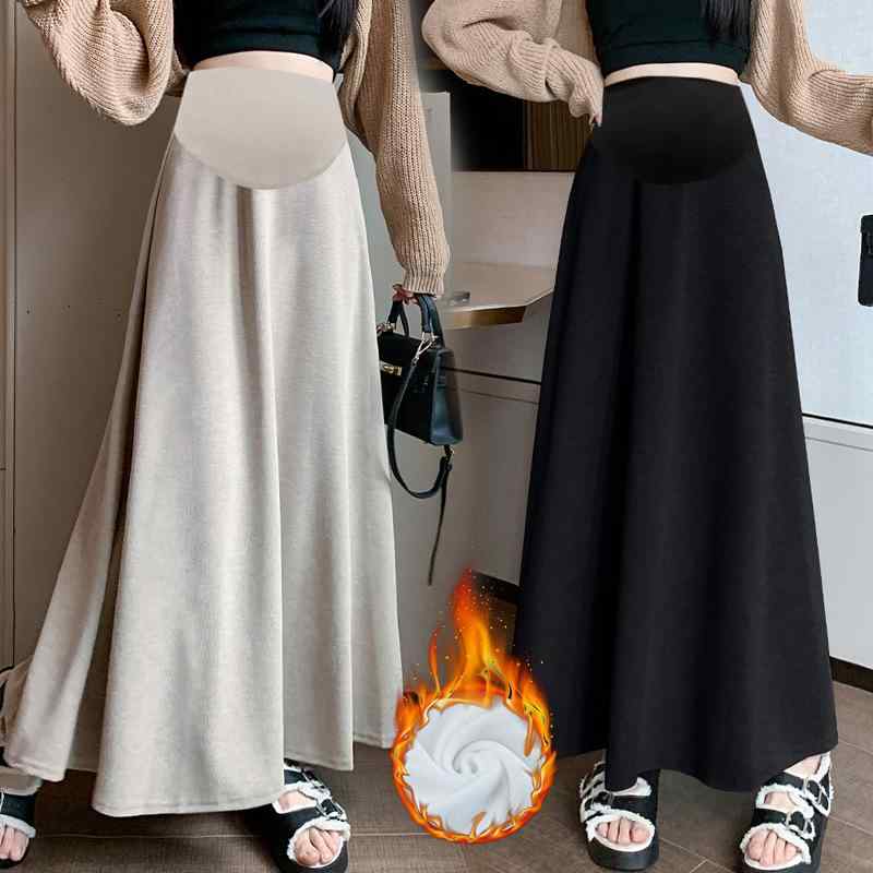 マタニティ スカート 秋冬 ニット 裏起毛 Aライン ミモレ丈 ハイウエスト 妊婦服 黒 ブラック ベージュ