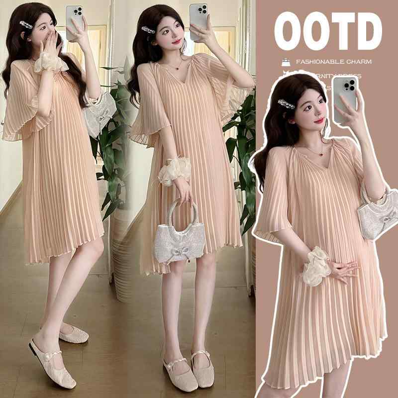 マタニティワンピース 春夏 百褶 Vネック 妊婦服 授乳服 5分袖 シフォン ゆったり 文芸風 膝丈 Aライン..