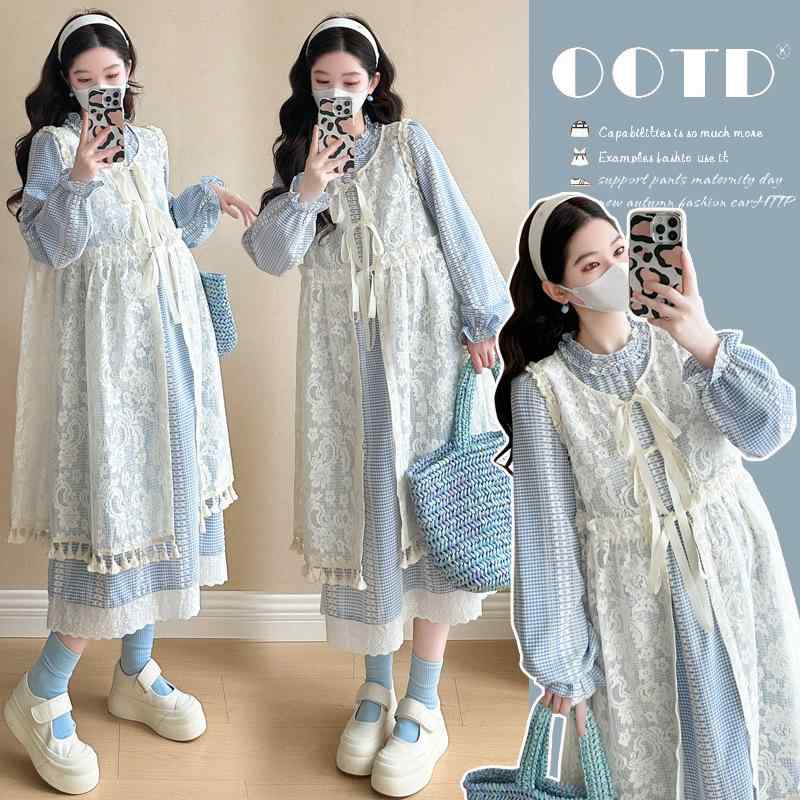 ワンピース レディース 春 長袖 格子柄 膝丈 ミモレ丈 妊婦 授乳服 マタニティ 体型カバー ゆったり チ..