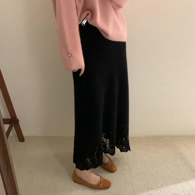 マタニティウェア 秋冬 レース 切り替え ニット スカート Aライン ハイウエスト 腹帯付き 膝丈 ミモレ..
