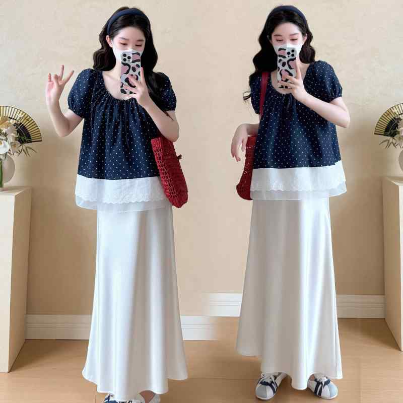 マタニティウェア セットアップ 春夏 半袖トップス ドット柄 膝丈スカート ゆったり 妊婦 産前産後 部..