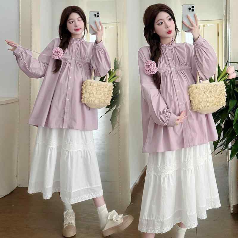 マタニティセットアップ 春物 長袖トップス スカート ゆったり 妊婦服 ポリエステル 香芋紫