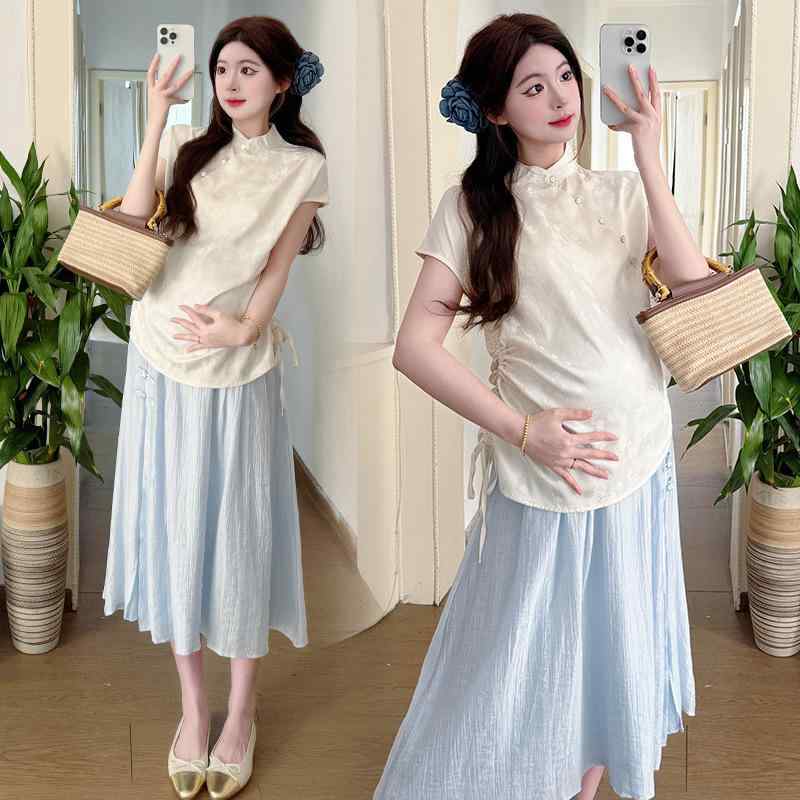 マタニティウェア 春夏 新しい中国風 高級感 トップス スカート セットアップ 妊婦服 桑蚕丝 ゆったり