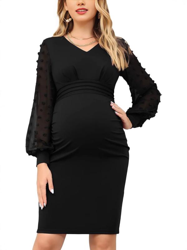 マタニティワンピース Vネック 長袖 妊婦服 産前産後 ウエストギャザー 3D ポリエステル ブラック 伸縮..