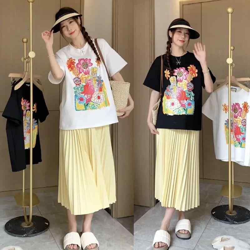 マタニティウェア 春夏 セットアップ Tシャツ 半袖 ミモレ丈スカート コットン ゆったり 妊婦 産前 産..