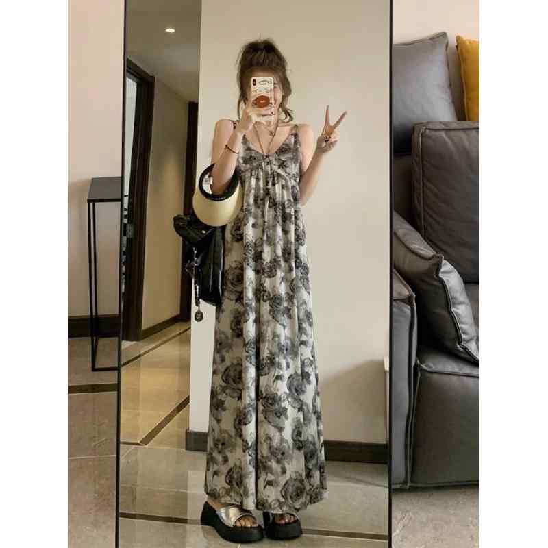 ワンピース マタニティ Vネック 黒バラ柄プリント ゆったり 妊婦服 ミモレ丈 涼しい ポリエステル 無袖..