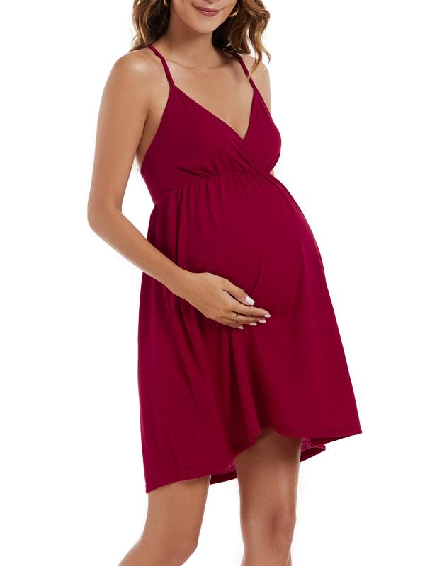 ワンピース レディース 妊婦 授乳服 ポリエステル Vネック ノースリーブ 無地 ワインレッド 赤 傘型 膝..