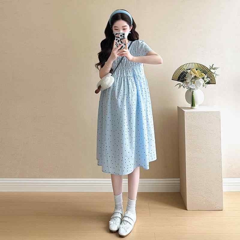 ワンピース レディース 春夏 波点 ドット柄 コットン Aライン ゆったり 膝丈 妊婦 マタニティ 7分袖 かわいい おしゃれ カジュアル ミモレ丈 涼しい 薄手
