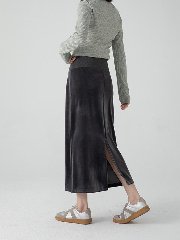 マタニティスカート 春秋 金糸ベルベット 妊婦服 Aライン 中ロング丈 スリット 産前 産後 体型カバー ..