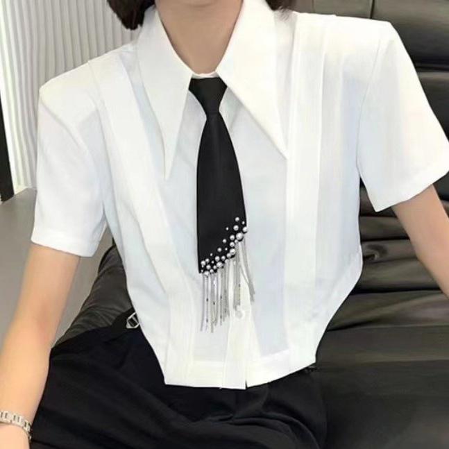 ネクタイ レディース 韓国風 パール フリンジ ブラック 付け襟風 男女兼用 ポリエステル 普段使い