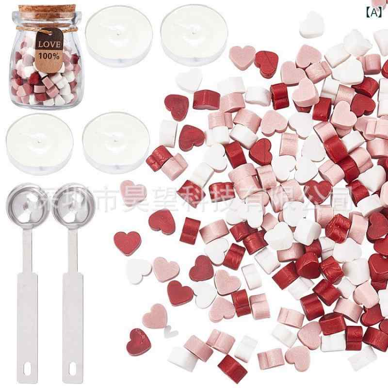 火漆 シーリングワックス ハート型 ワックス粒 セット 封蝋 DIY 封筒 レター用品 招待状 グリーティングカード スプーン キャンドル付き ヨーロッパ風