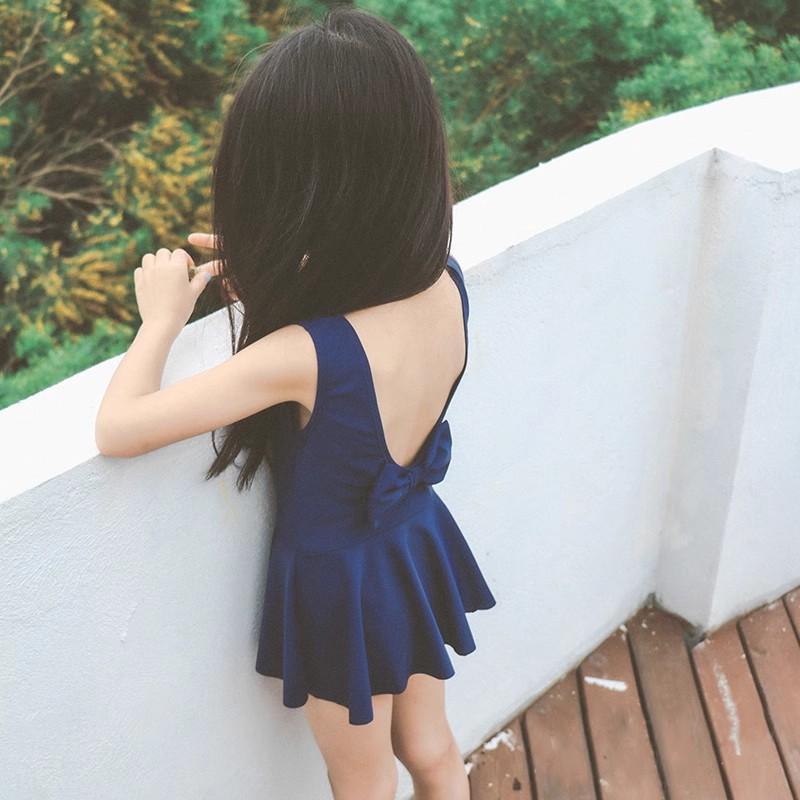 水着 キッズ 女の子 韓国風 いちご柄 フリル 蝶結び バックオープン ワンピース 120 140 150 160 ブルー