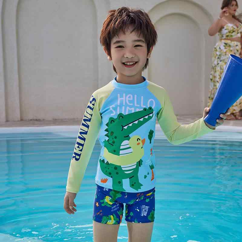 水着 キッズ 男の子 子供 長袖 ラッシュガード セパレート UVカット 日焼け防止 恐竜 スイムパンツ 上下 セット 海水浴 プール 温泉