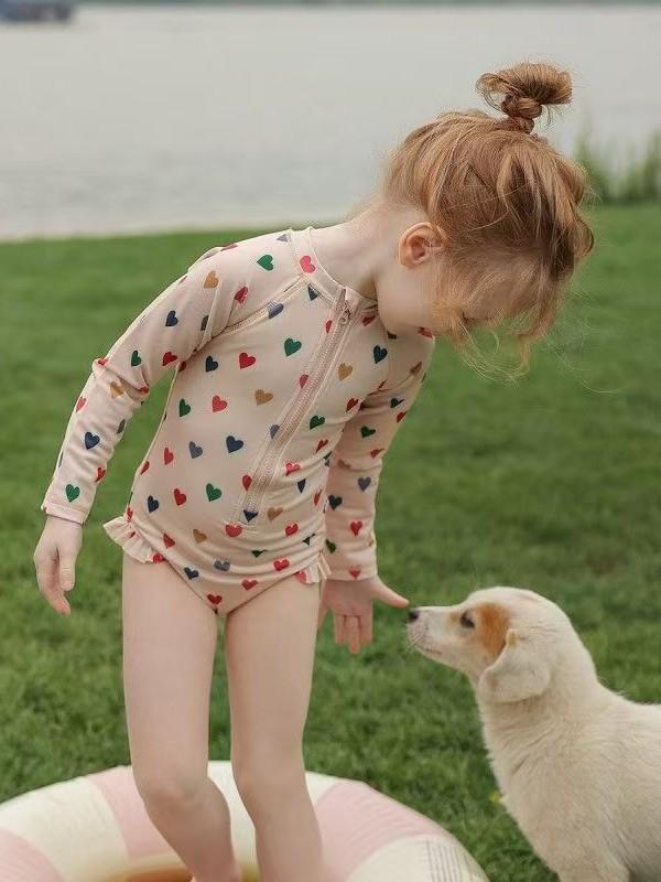 水着 女児 小童 ワンピース水着 長袖 紫外線対策 速乾性 スイムウェア 温泉 プール 練習用 かわいい 小花柄 伸縮性 ピンク系