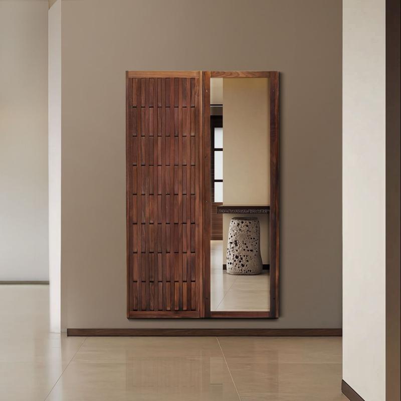 ミラー 鏡 ハンガーラック 木製 壁掛け 全身鏡 姿見 玄関 玄関収納 コートハンガー 帽子掛け 棚付き 収..