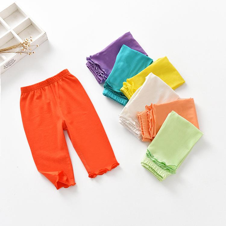 子供服 ガールズ 7分丈レギンス 春夏 コットン フリル 裾レース 無地 薄手 かわいい おしゃれ 普段使い..