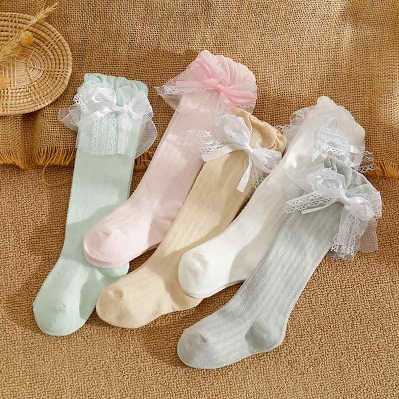 靴下 ベビー靴下 膝丈レース付き メッシュ 薄手 春夏 幼児 女の子 かわいい 通気性 吸汗性 白 緑 ベー..