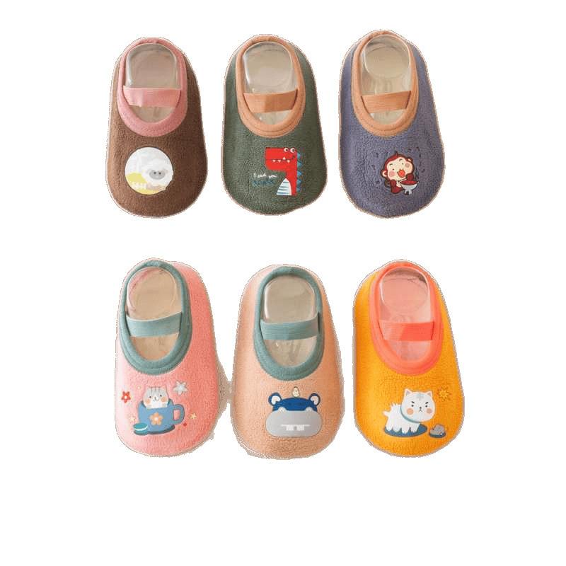 ベビー キッズ 靴下 滑り止め付き 厚手 秋冬 幼児 ソックス 暖かい 床暖房対応 ルームソックス 冷え防止 恐竜 動物柄 コットン