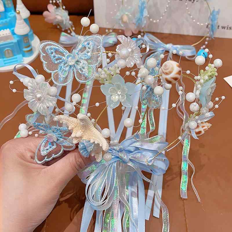 ヘアアクセサリー キッズ 女の子 ティアラ カチューシャ 花 パール リボン 蝶 海モチーフ ブルー系 か..