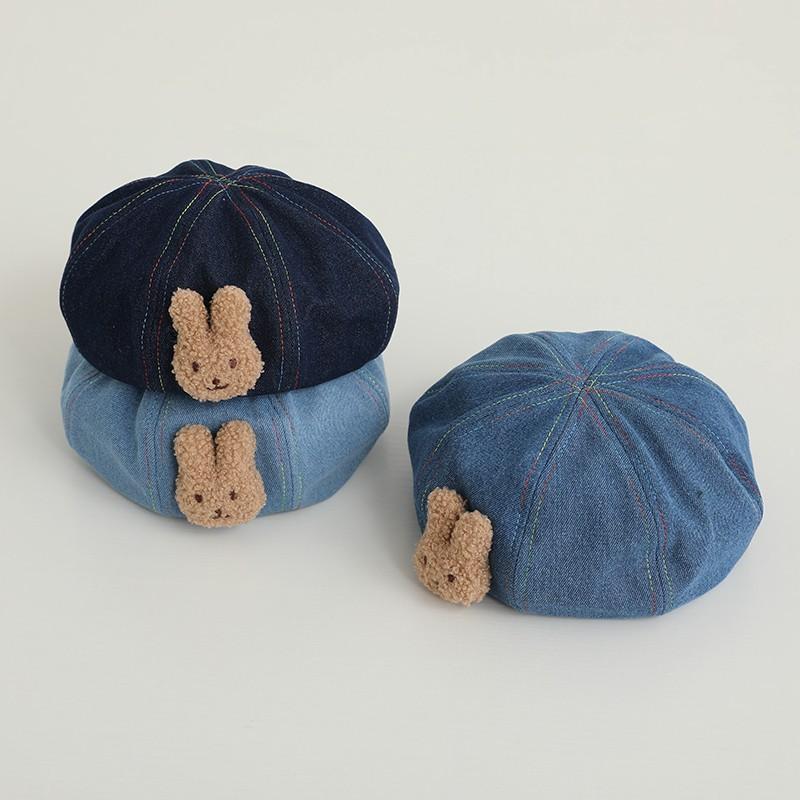 ベレー帽 キッズ 子供用 デニム 帽子 春秋 防寒 紫外線対策 日よけ かわいい うさぎ ブルー系