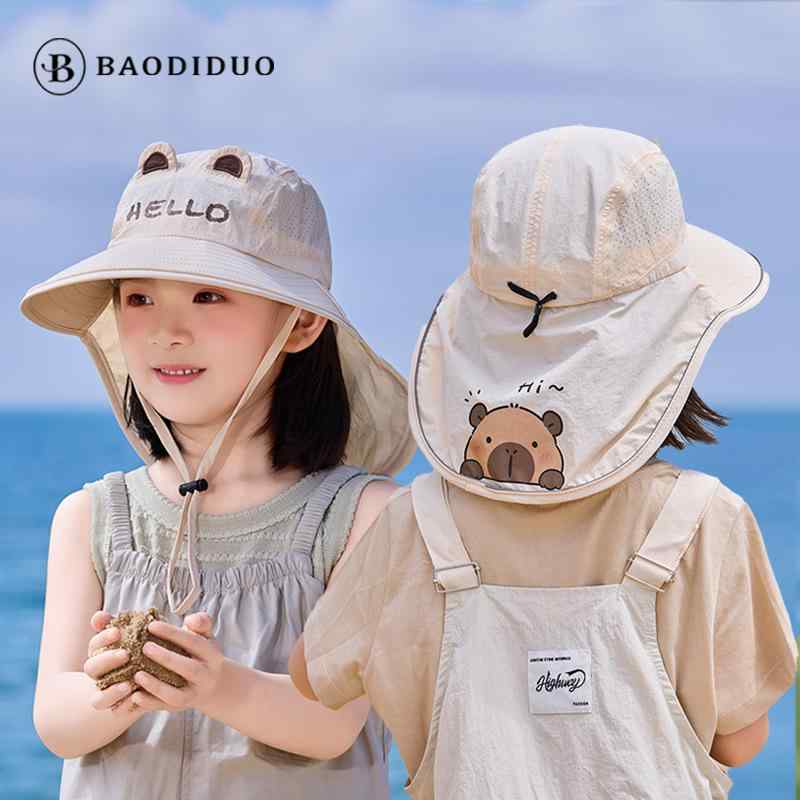 帽子 子供用 大判日よけ付き 漁師帽 通気性 遮光 サファリハット ベージュ ピンク系 パープル