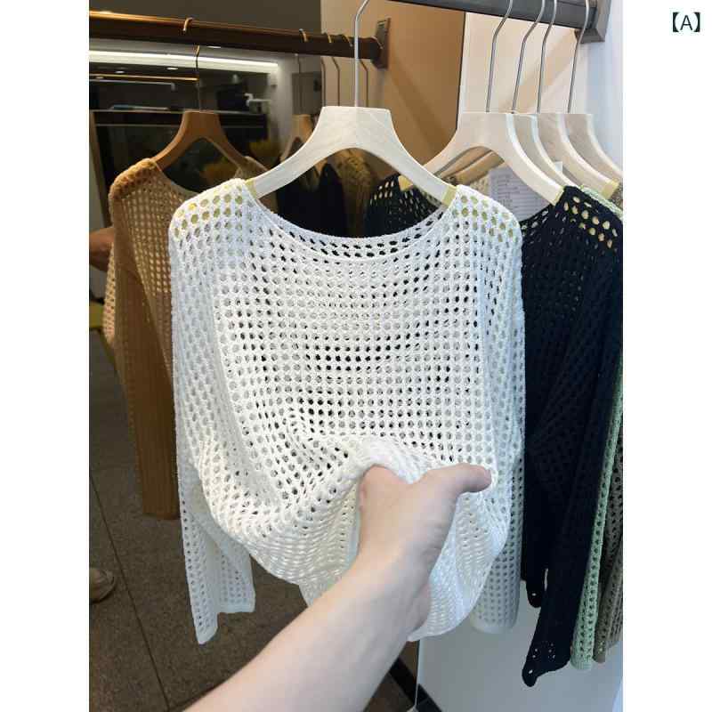 ニット レディース 長袖 網目模様 トップス 薄手 プルオーバー ラウンドネック ゆったりサイズ オフホ..
