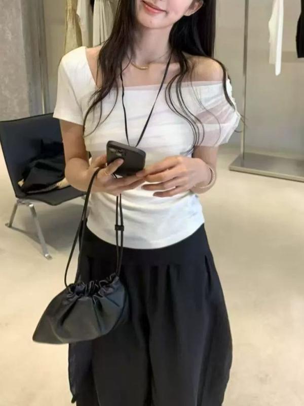 楽天TanzanTシャツ レディース 韓国風 斜めネック トップス チュール 切り替え スリム 半袖 カットソー きれいめ フェミニン デート お出かけ オフショルダー