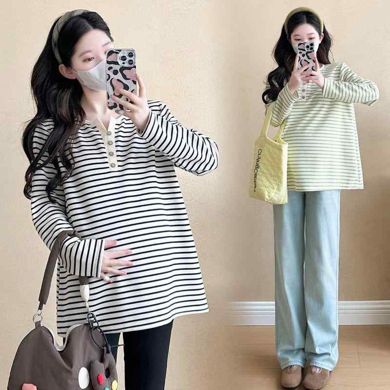 マタニティ トップス レディース 春秋 韓国風 ゆったり Vネック 長袖 ストライプ 妊婦服 婦人服 ブラッ..