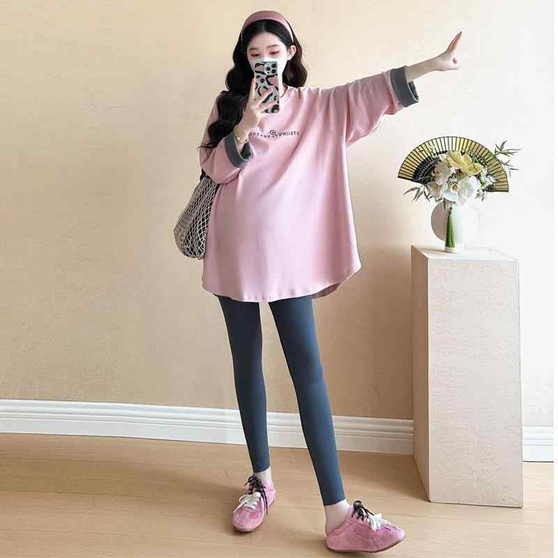 マタニティ トップス 春秋 長袖 ラウンドネック コットン ゆったり 妊婦 産前産後 ピンク系 カーキ