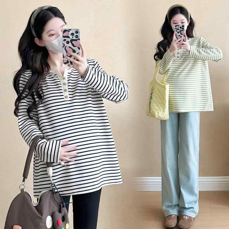 マタニティ トップス 春 Vネック 長袖 ストライプ 妊婦 産前 産後 Tシャツ カットソー コットン ゆった..